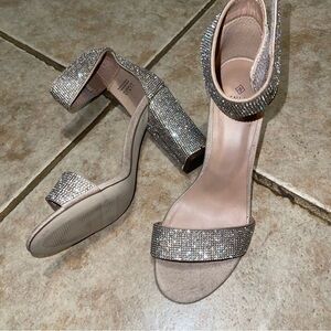 Beige Rhinestone Block Heel Sandals – Women’s Dress Shoes